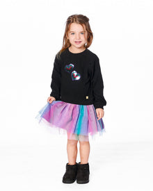 Robe bi-matière noire avec jupe en maille filet