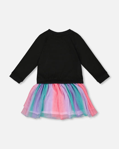 Robe bi-matière noire avec jupe en maille filet