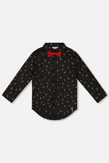 Chemise popeline imprimée noire et multicolore avec nœud papillon