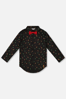 Chemise popeline imprimée noire et multicolore avec nœud papillon