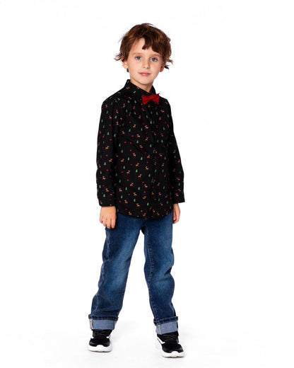Printed Poplin Shirt Black And Multicolor With Bow Tie