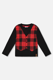 T-Shirt avec Gilet à Carreaux Rouge et Noir