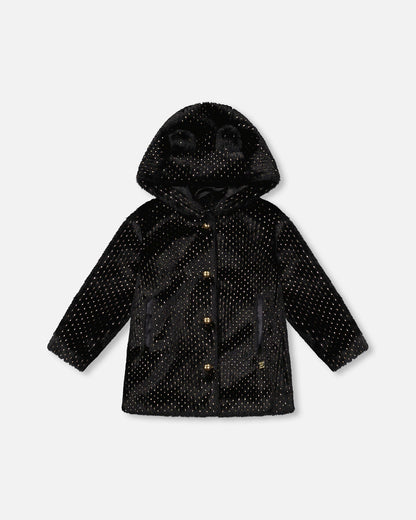 Manteau en fausse fourrure d'ours noir à pois dorés