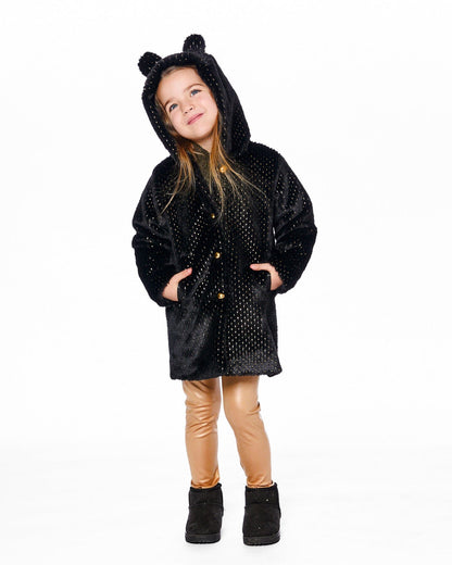 Manteau en fausse fourrure d'ours noir à pois dorés