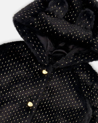Manteau en fausse fourrure d'ours noir à pois dorés