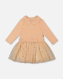 Robe bi-matière avec jupe pailletée Beige