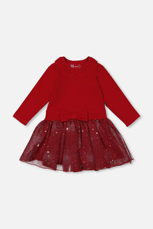 Robe bi-matière avec jupe scintillante rouge