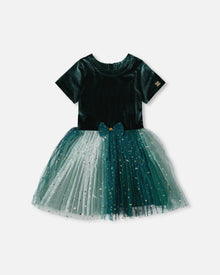 Robe de soirée bicolore à manches courtes vert forêt