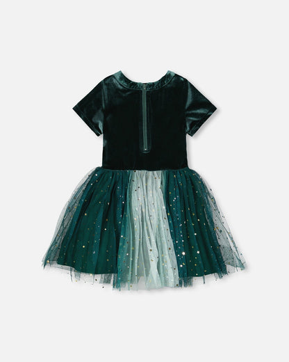 Bi-Material Short Sleeve Party Dress Forest Green