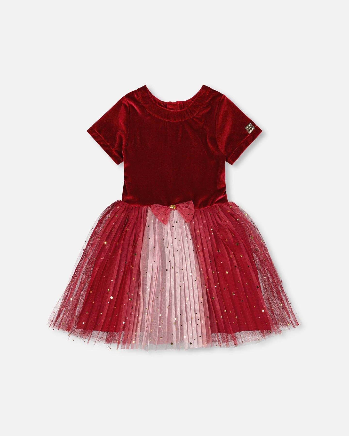 Robe de soirée à manches courtes bi-matière rouge