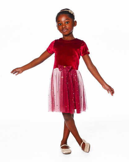 Robe de soirée à manches courtes bi-matière rouge