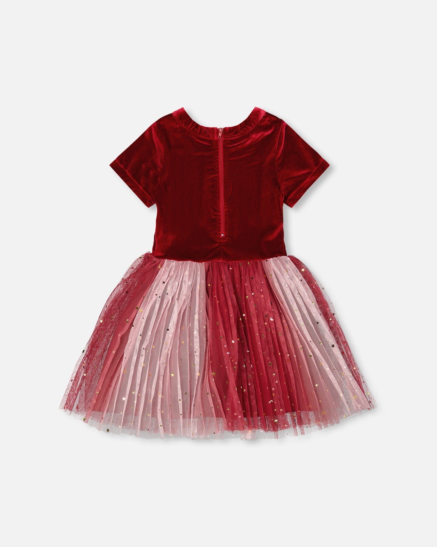 Robe de soirée à manches courtes bi-matière rouge