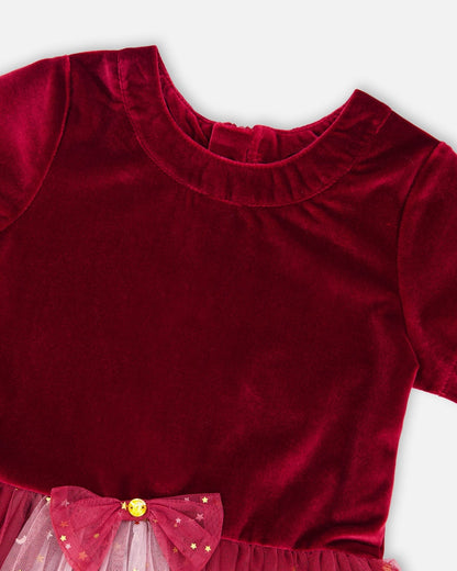 Robe de soirée à manches courtes bi-matière rouge