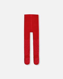 Knit Tights Red With Tone-On-Tone Star Pattern