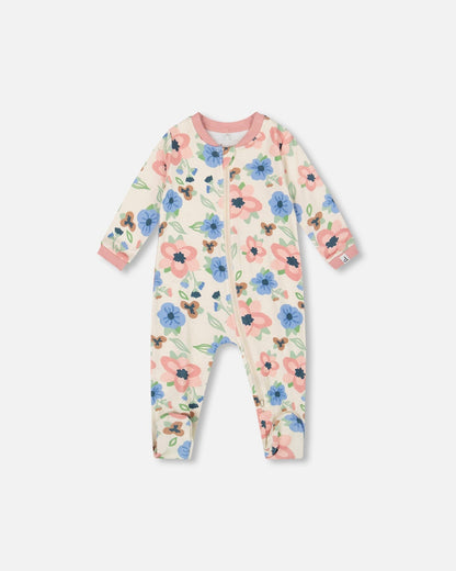 Pyjama une pièce en coton biologique à imprimé floral blanc cassé