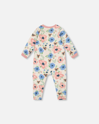 Pyjama une pièce en coton biologique à imprimé floral blanc cassé