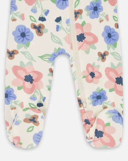 Pyjama une pièce en coton biologique à imprimé floral blanc cassé