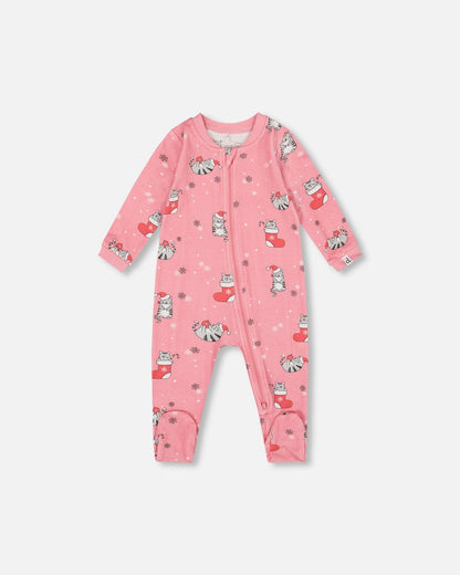 Pyjama une pièce en coton biologique imprimé chat rose