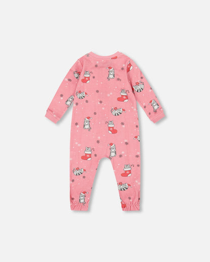 Pyjama une pièce en coton biologique imprimé chat rose