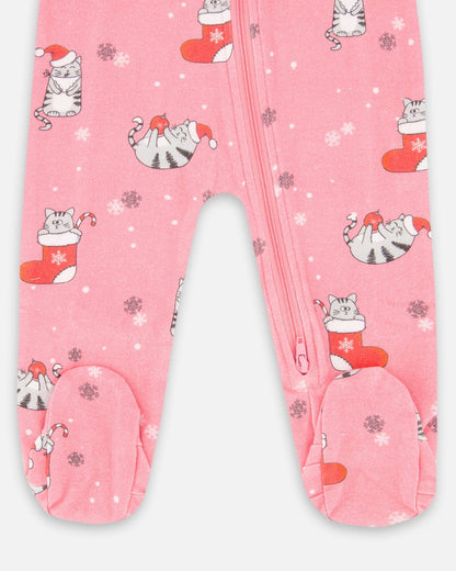 Pyjama une pièce en coton biologique imprimé chat rose