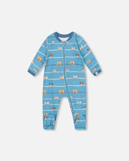 Pyjama une pièce en coton biologique imprimé chiens bleus