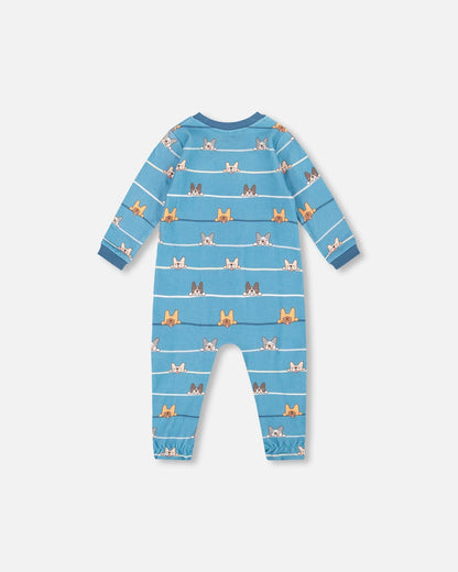 Pyjama une pièce en coton biologique imprimé chiens bleus