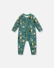 Pyjama une pièce en coton biologique imprimé motifs engins de chantier sarcelle