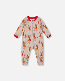 Pyjama une pièce en coton biologique imprimé rennes beiges
