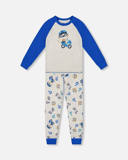 Ensemble pyjama deux pièces en coton biologique imprimé singe beige