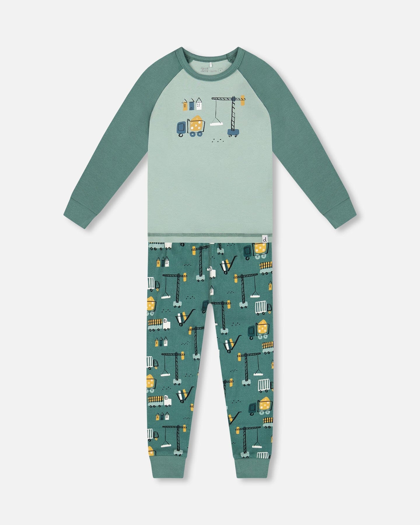 Ensemble de pyjama deux pièces en coton biologique imprimé motifs chantiers couleur sarcelle