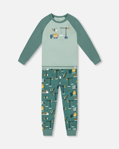 Ensemble de pyjama deux pièces en coton biologique imprimé motifs chantiers couleur sarcelle