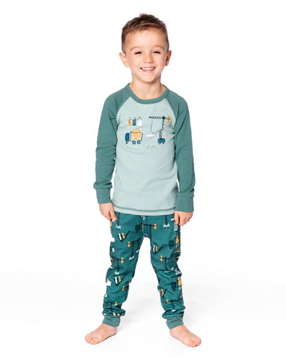 Ensemble de pyjama deux pièces en coton biologique imprimé motifs chantiers couleur sarcelle
