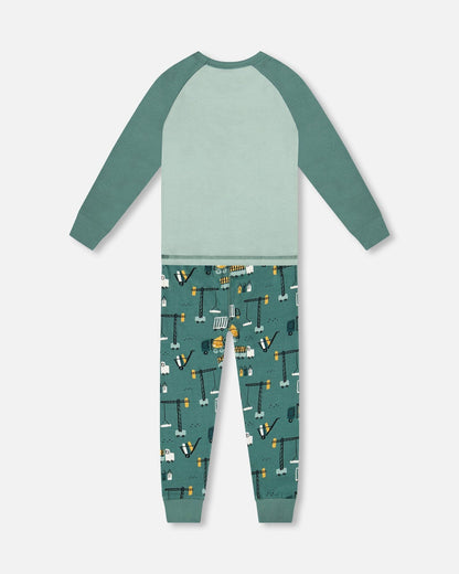 Ensemble de pyjama deux pièces en coton biologique imprimé motifs chantiers couleur sarcelle