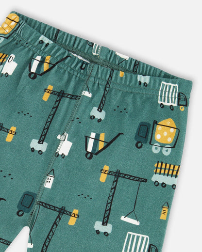 Ensemble de pyjama deux pièces en coton biologique imprimé motifs chantiers couleur sarcelle