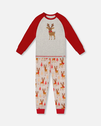 Ensemble pyjama deux pièces en coton biologique imprimé rennes beige