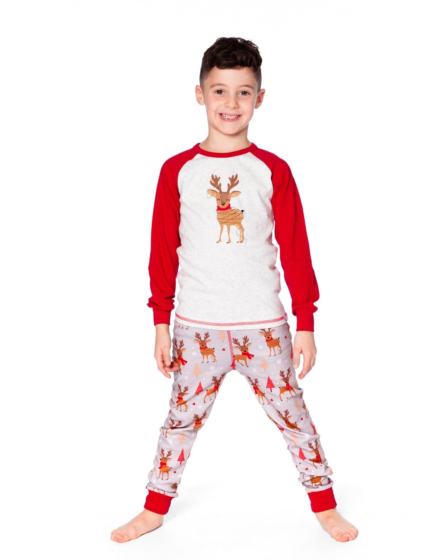 Ensemble pyjama deux pièces en coton biologique imprimé rennes beige