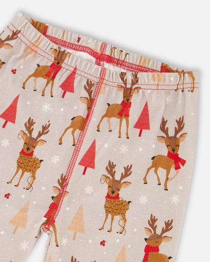 Ensemble pyjama deux pièces en coton biologique imprimé rennes beige