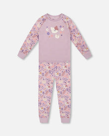 Pyjama deux pièces en coton biologique imprimé chat lilas