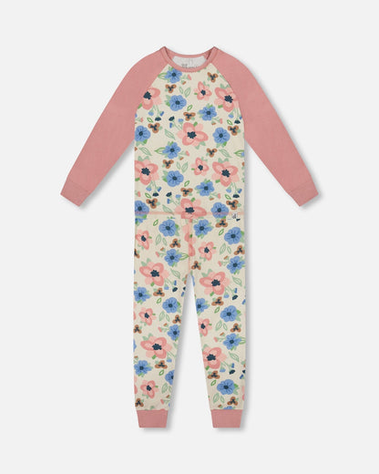 Pyjama deux pièces en coton biologique, imprimé floral écru