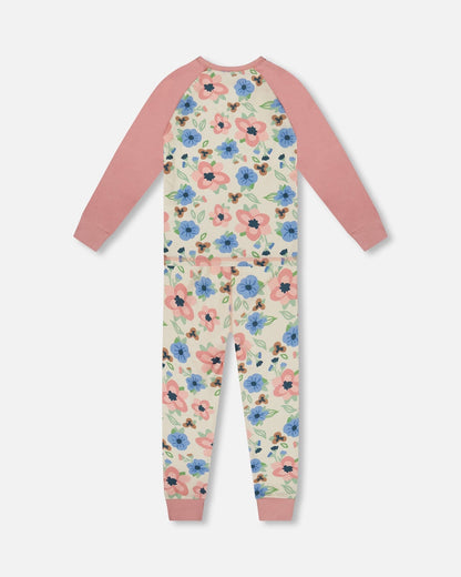 Pyjama deux pièces en coton biologique, imprimé floral écru