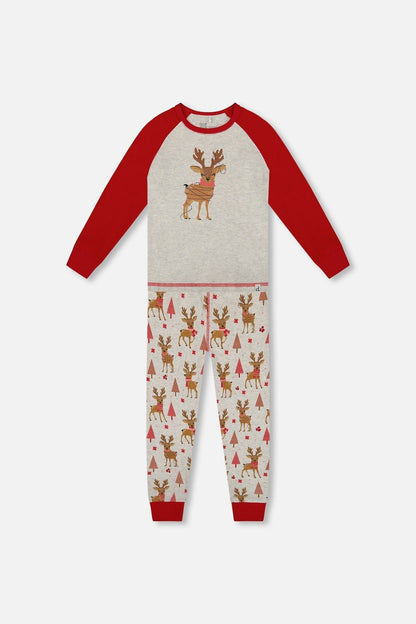 Pyjama deux pièces en coton biologique Imprimé rennes girly beige