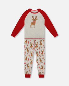 Organic Cotton Two-Piece Pajamas Beige Girly Reindeer Print