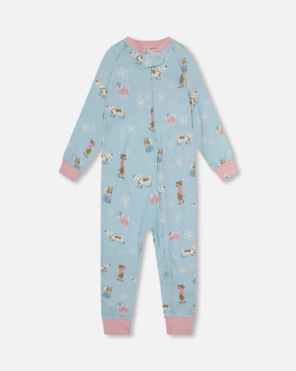 Pyjama une pièce en interlock de coton biologique imprimé chien bleu