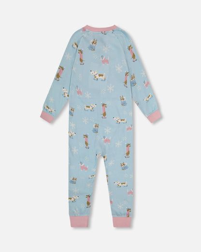 Pyjama une pièce en interlock de coton biologique imprimé chien bleu
