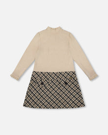Long Sleeve Bi-Material Mock Neck Dress Beige And Plaid