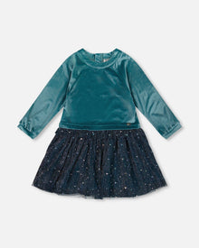 Robe longue bicolore en velours et maille plissée bleu sarcelle