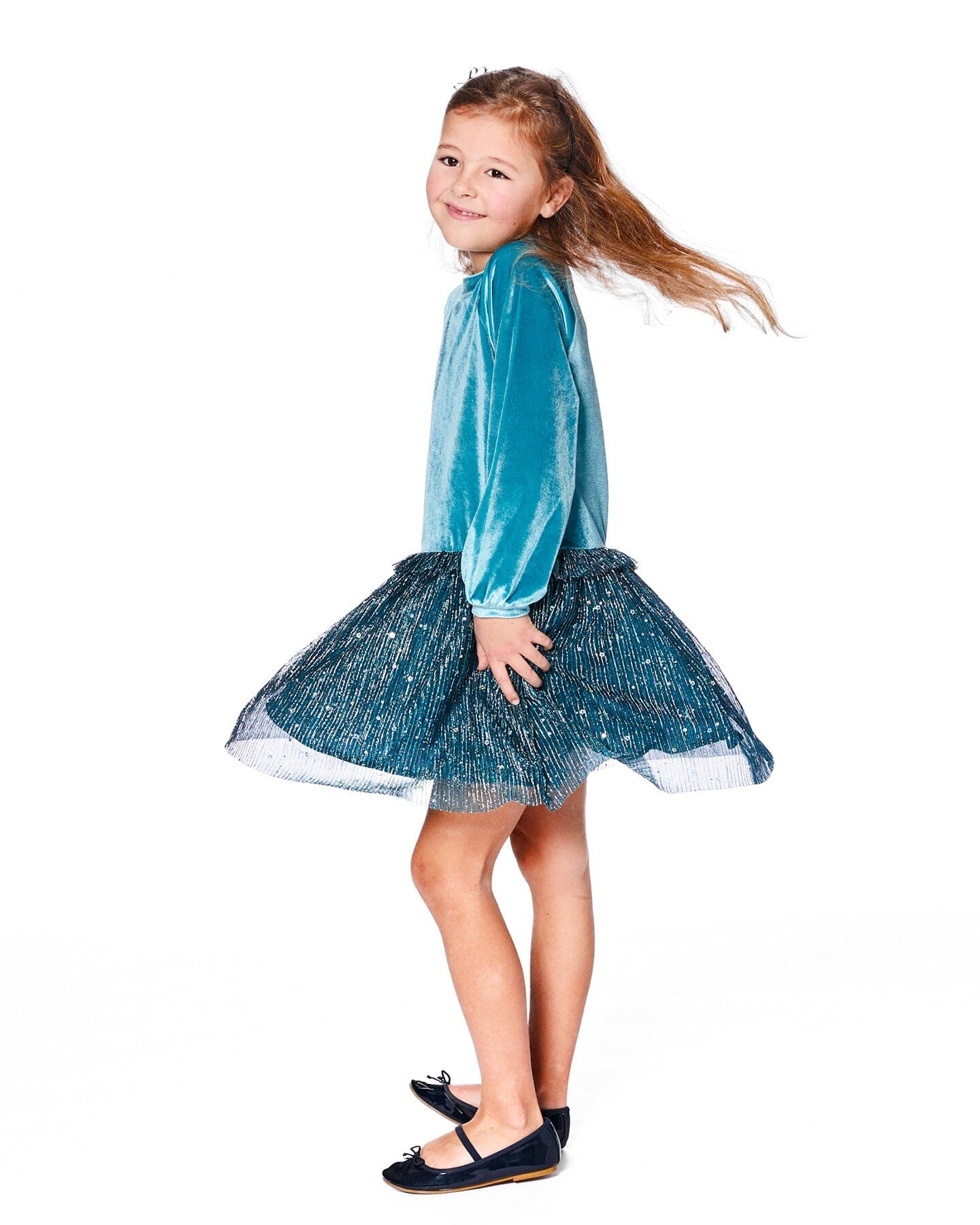 Long Sleeve Bi-Material Velvet And Pleated Mesh Dress Teal Blue
