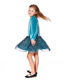 Robe longue bicolore en velours et maille plissée bleu sarcelle
