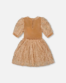 Puff Sleeve Bi-Material Velour And Lace Dress Light Caramel