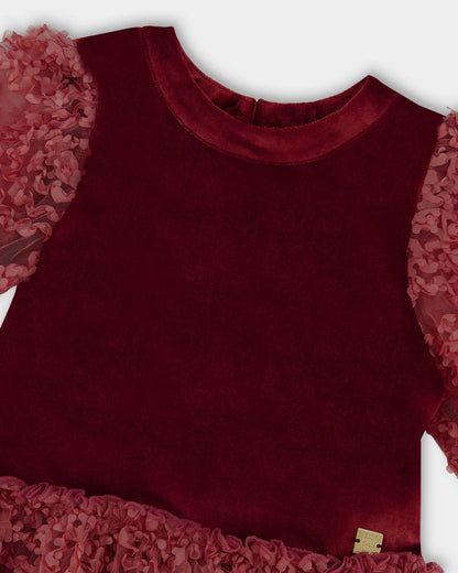 Puff Sleeve Bi-Material Velour And Lace Dress Red